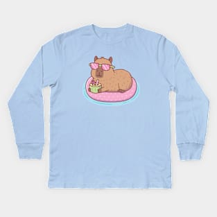 Funny Capybara Chilling On Pink Pool Float Kids Long Sleeve T-Shirt
